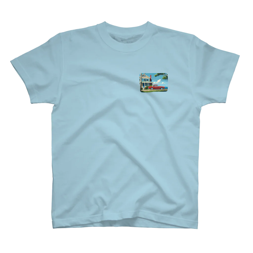 MistyStarkの赤いコルベットと海辺の家　－　red corvette and seaside house　－ ワンポイントTシャツ