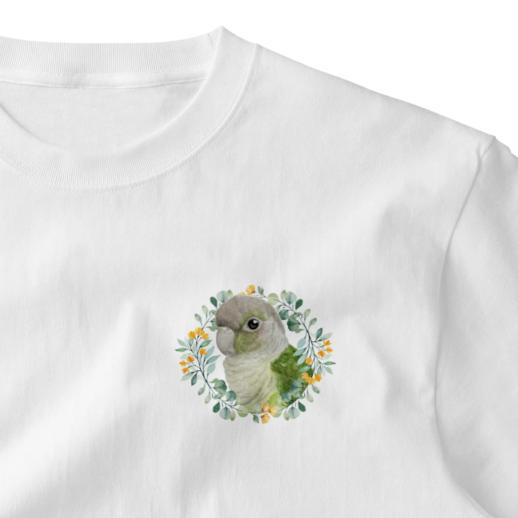 mariechan_koboの037 ウロコインコシナモン オレンジ小花のリース ワンポイントTシャツ