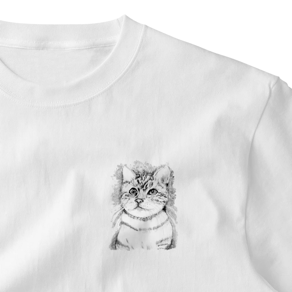 greetenのアート猫　モノクロ　 ワンポイントTシャツ