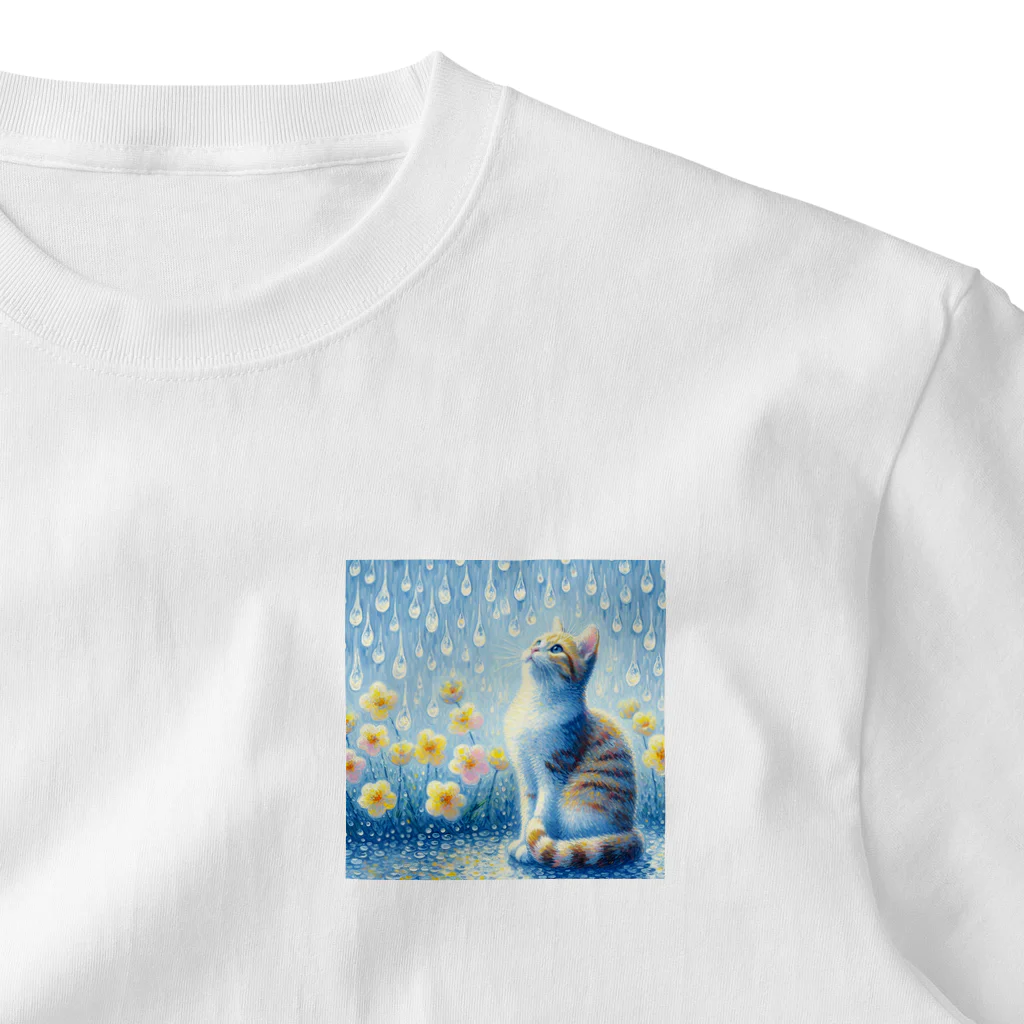 La-peaceの雨粒と猫 ワンポイントTシャツ