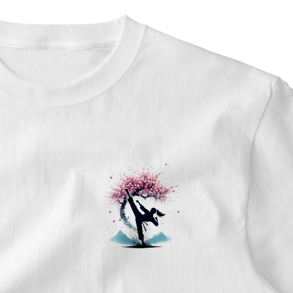 Yutaka_Hのハイキック背景桜Tシャツ ワンポイントTシャツ