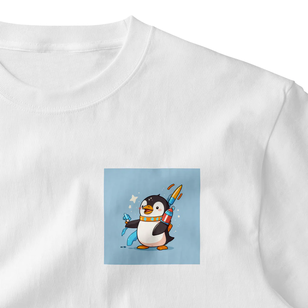 ganeshaのおもちゃのロケットでかわいいペンギンに会おう ワンポイントTシャツ