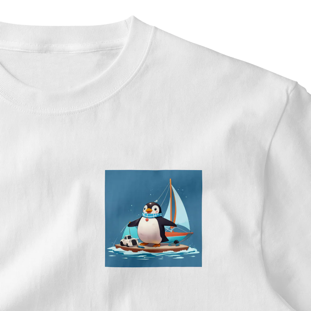 ganeshaのおもちゃのヨットでかわいいペンギンに出会おう ワンポイントTシャツ