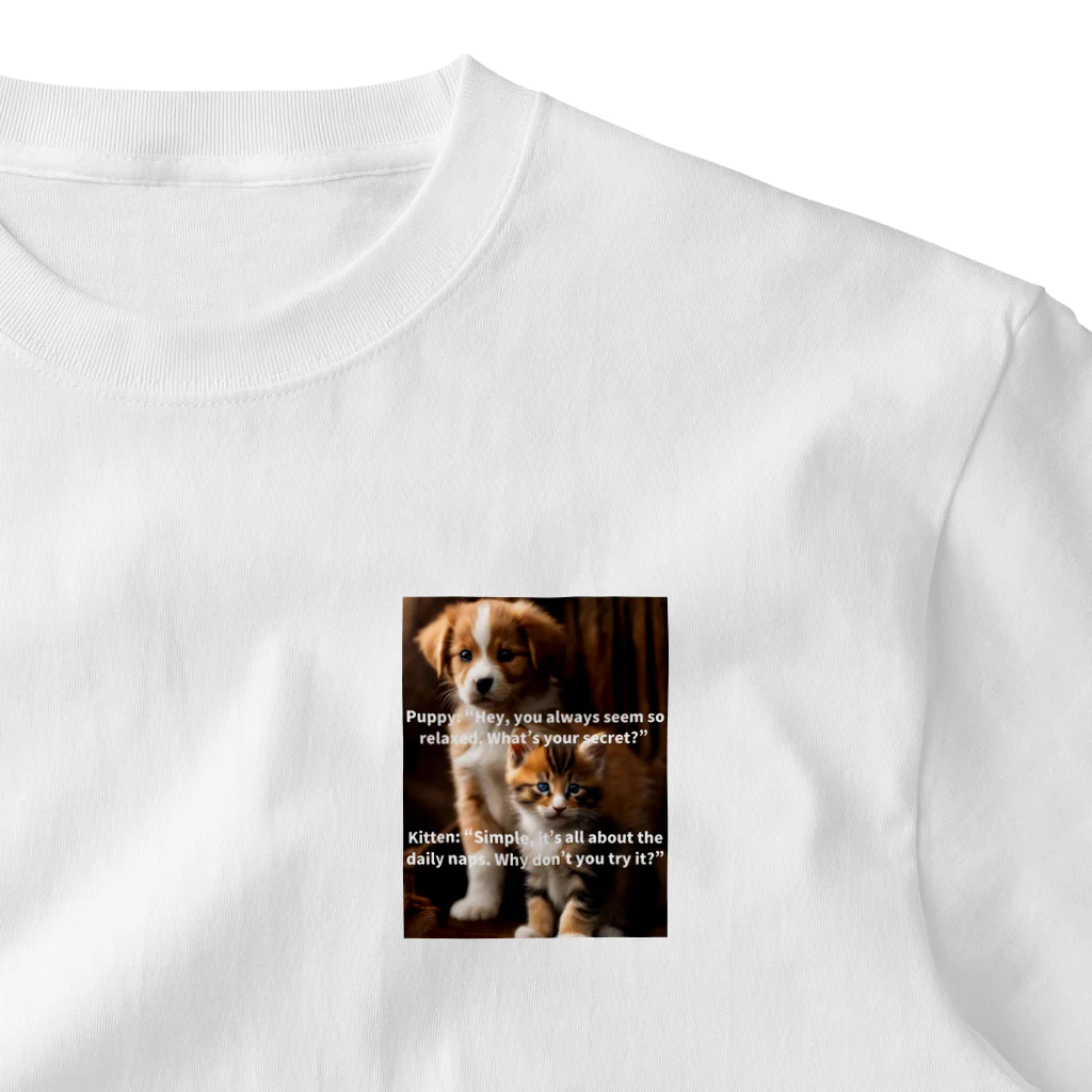 Canvas_Teesの①子犬と子猫のカワイイ会話TシャツVol.1 ［リラックスが人生の極意!✨①］ ワンポイントTシャツ