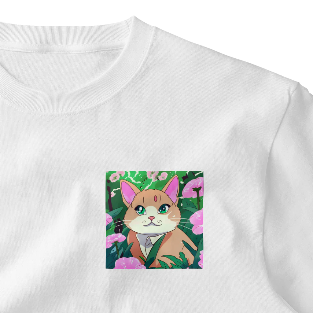 キュート＆クールのアニメ調・花畑の猫 ワンポイントTシャツ