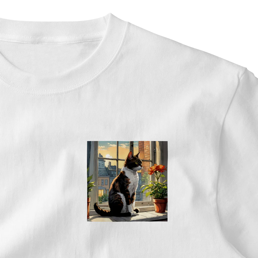 manaco-の窓際の猫ちゃん ワンポイントTシャツ