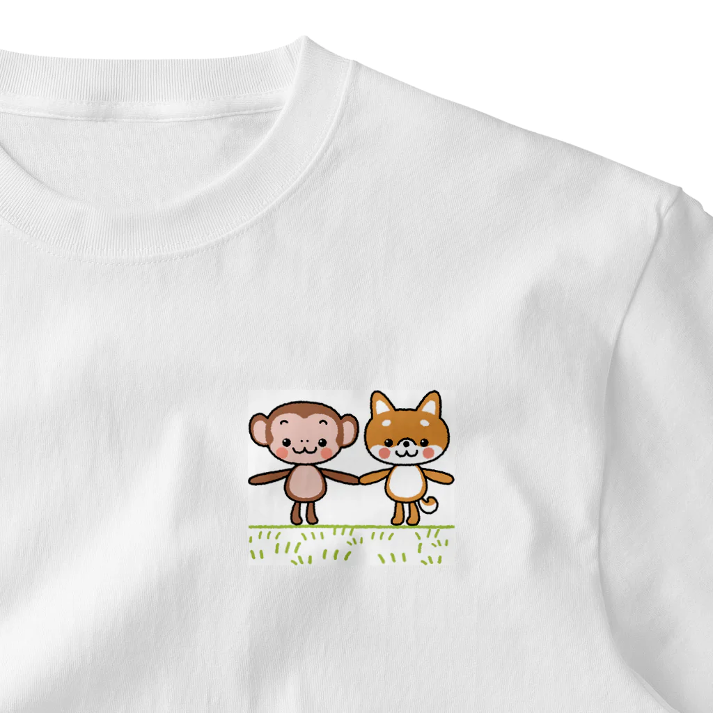 noBuの笑い転げているサルと子犬の柴犬 One Point T-Shirt