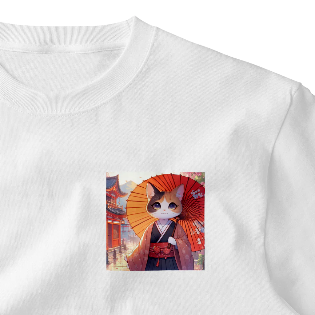 oz-chanの傘をさしている猫_アニメ風2 ワンポイントTシャツ