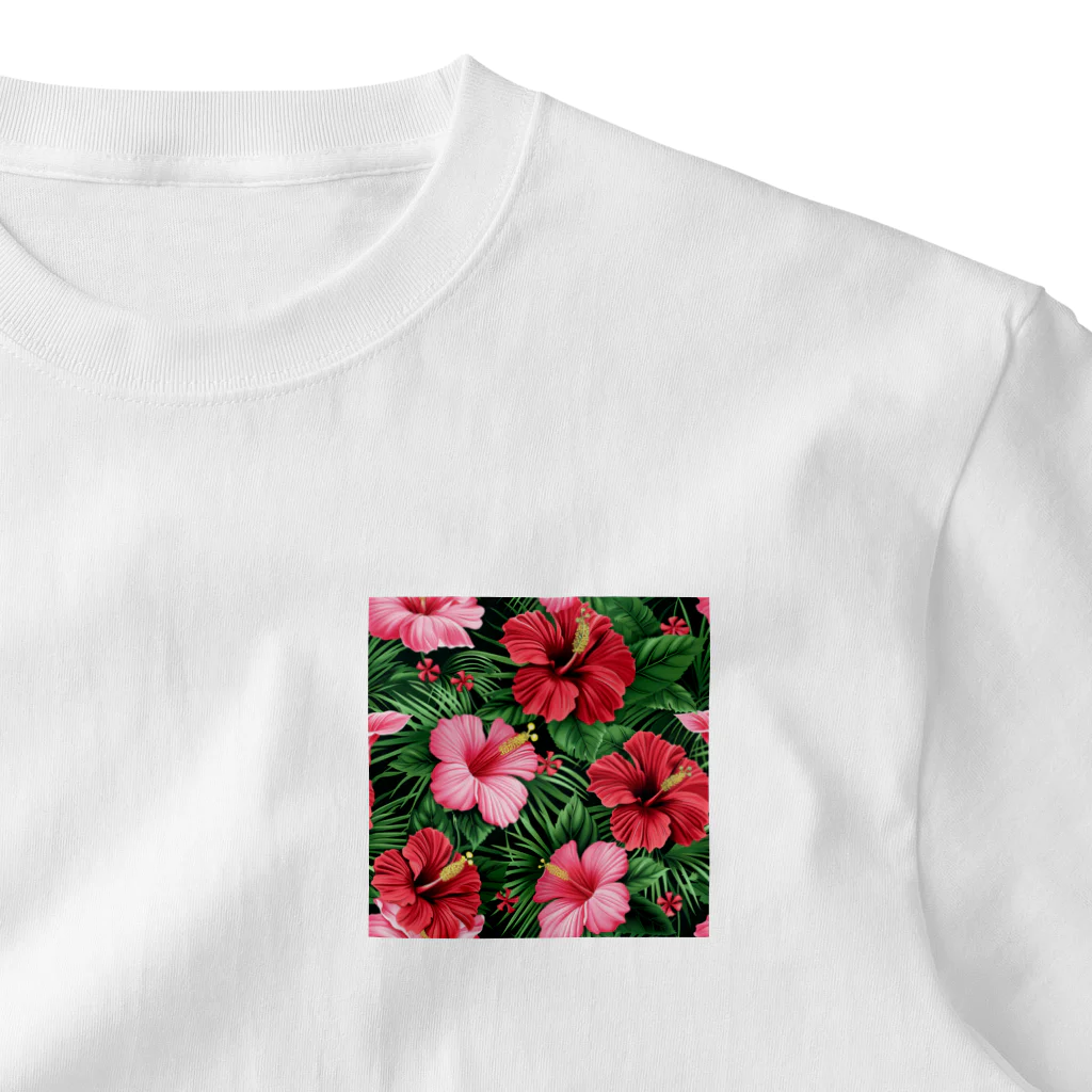 オンラインショップイエローリーフの赤色の花ハイビスカス ワンポイントTシャツ