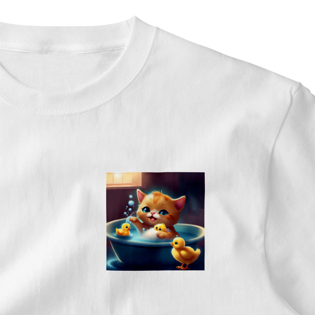 HanaCatStudioのかわいい猫ちゃんとひよこさんたちの楽しいお風呂タイム ワンポイントTシャツ