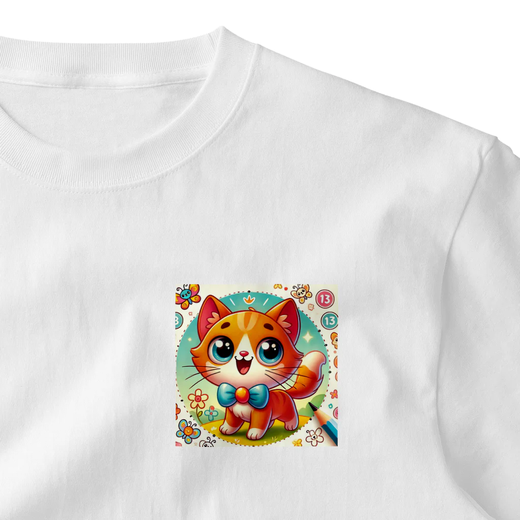 ラッキーマインあべむつきのふんわりキュート！このお茶目な猫のキャラクタ ワンポイントTシャツ