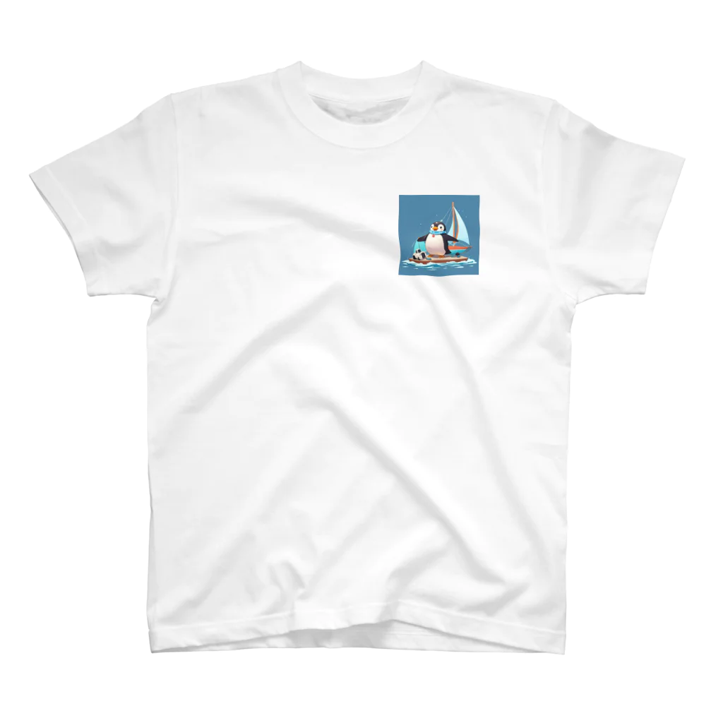ganeshaのおもちゃのヨットでかわいいペンギンに出会おう ワンポイントTシャツ