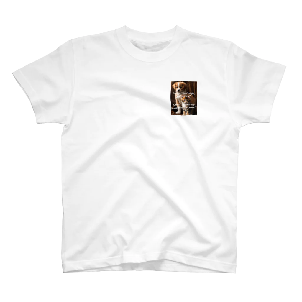 Canvas_Teesの②子犬と子猫のカワイイ会話Tシャツ【Vol.1】『会話する仲良しペア💖』Tシャツ ワンポイントTシャツ