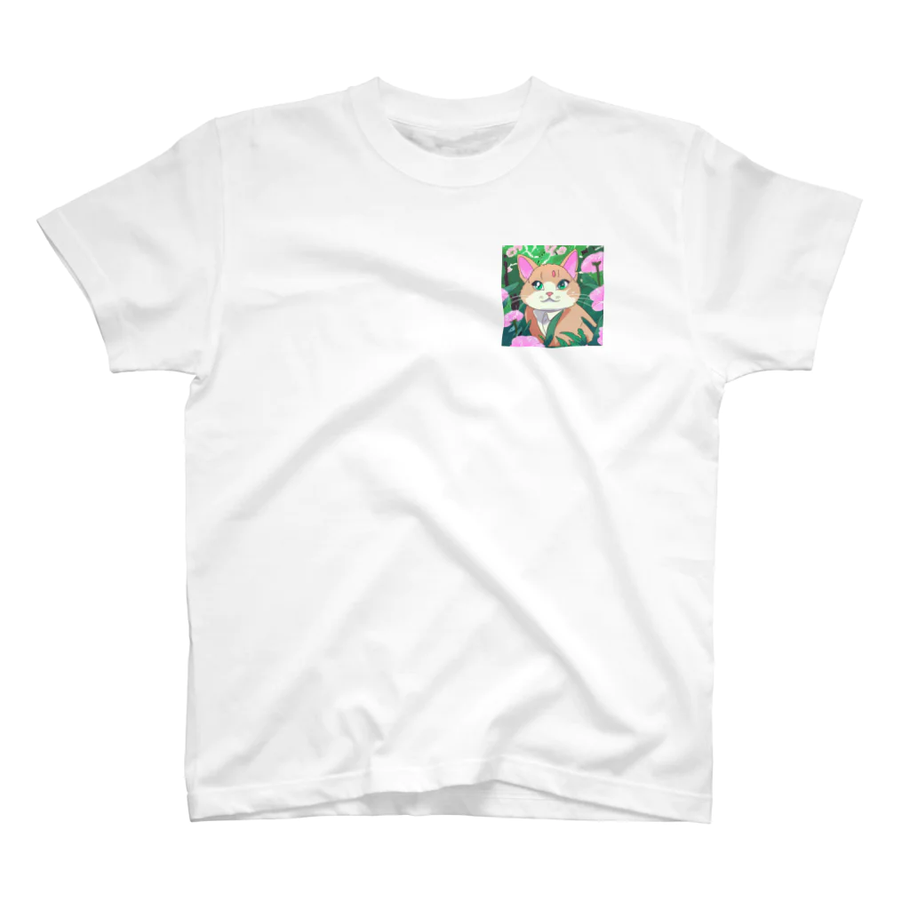 キュート＆クールのアニメ調・花畑の猫 ワンポイントTシャツ