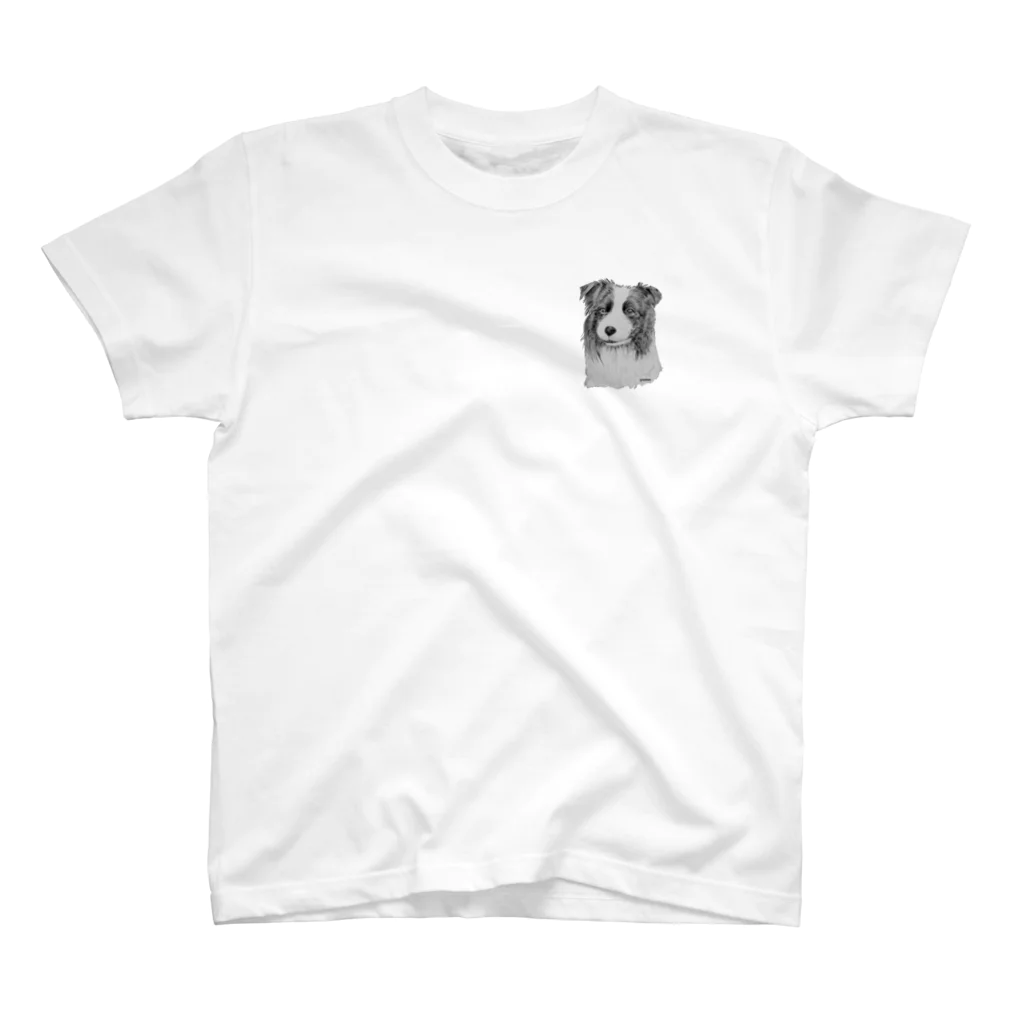 greetenのボーダーコリー　アート犬モノクロ ワンポイントTシャツ