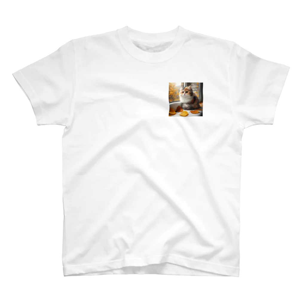 癒しの時間のかわいい三毛猫グッズ ワンポイントTシャツ