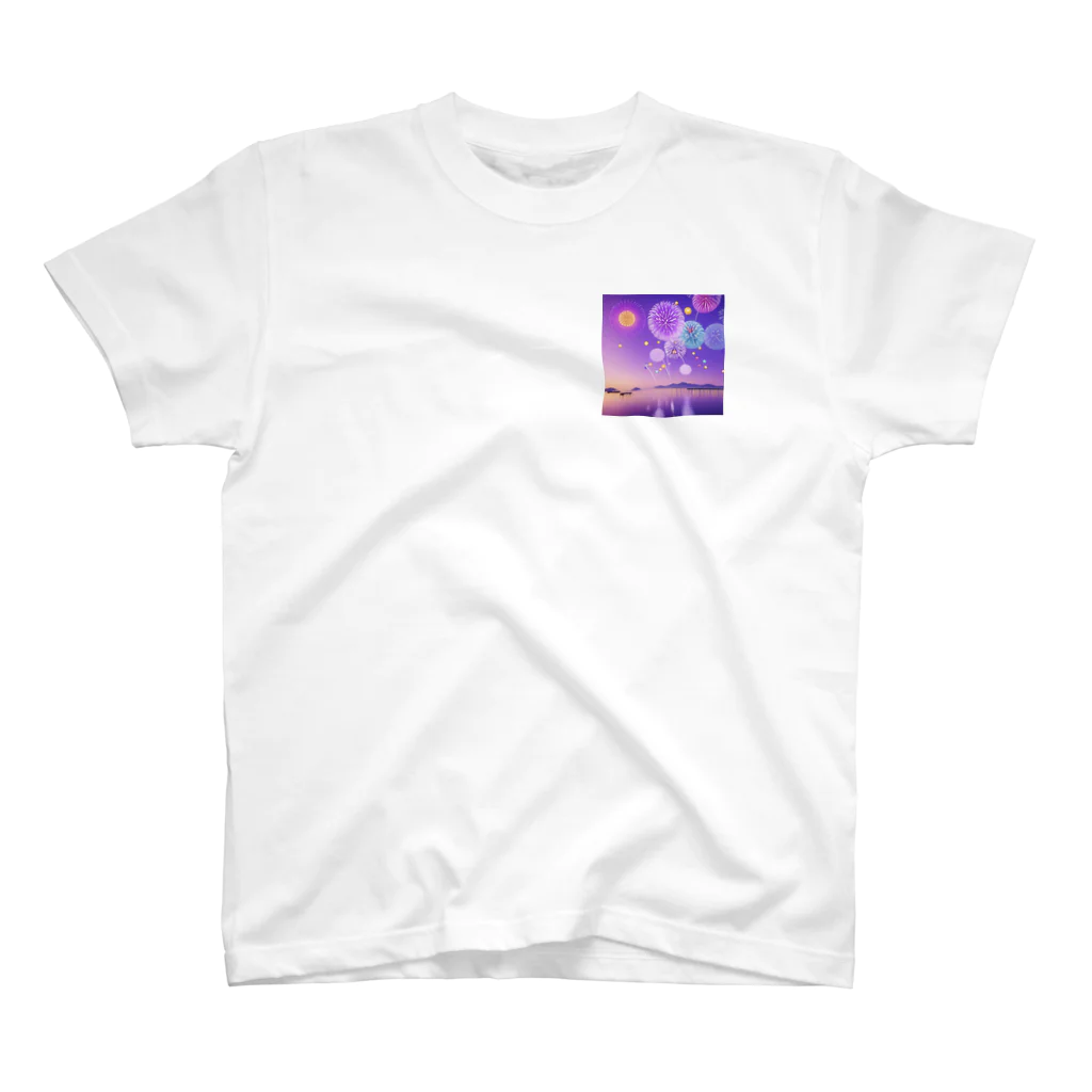 chan-takehaniの夕暮れの湖と幻想的な花火 ワンポイントTシャツ