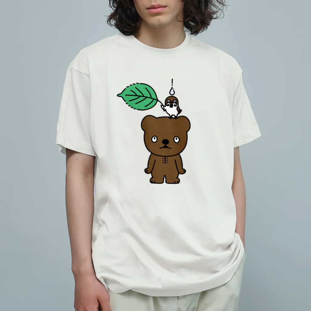 キッズサイズ　わんぱくぽめる堂のキッズサイズ こぐまとスズメと雨のしずく オーガニックコットンTシャツ