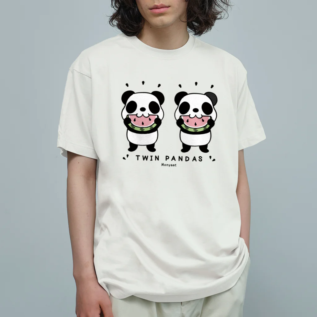 キッズサイズ　わんぱくぽめる堂のキッズサイズ  TWIN PANDAS 一緒のスイカ オーガニックコットンTシャツ