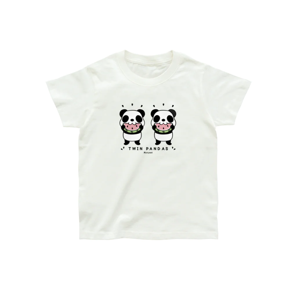 キッズサイズ　わんぱくぽめる堂のキッズサイズ  TWIN PANDAS 一緒のスイカ オーガニックコットンTシャツ