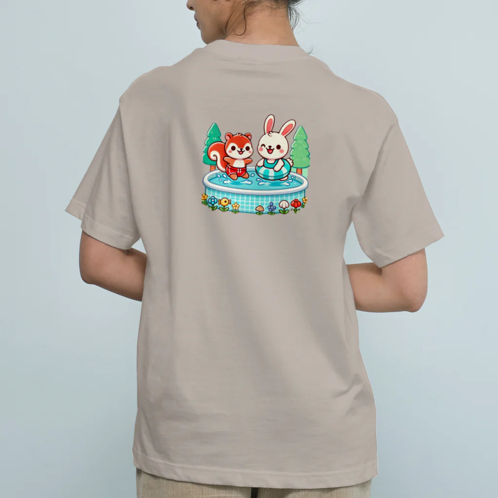 エレファント先生と虹色こどもたちのリスちゃんとウサギちゃんの水泳大好き Organic Cotton T-Shirt