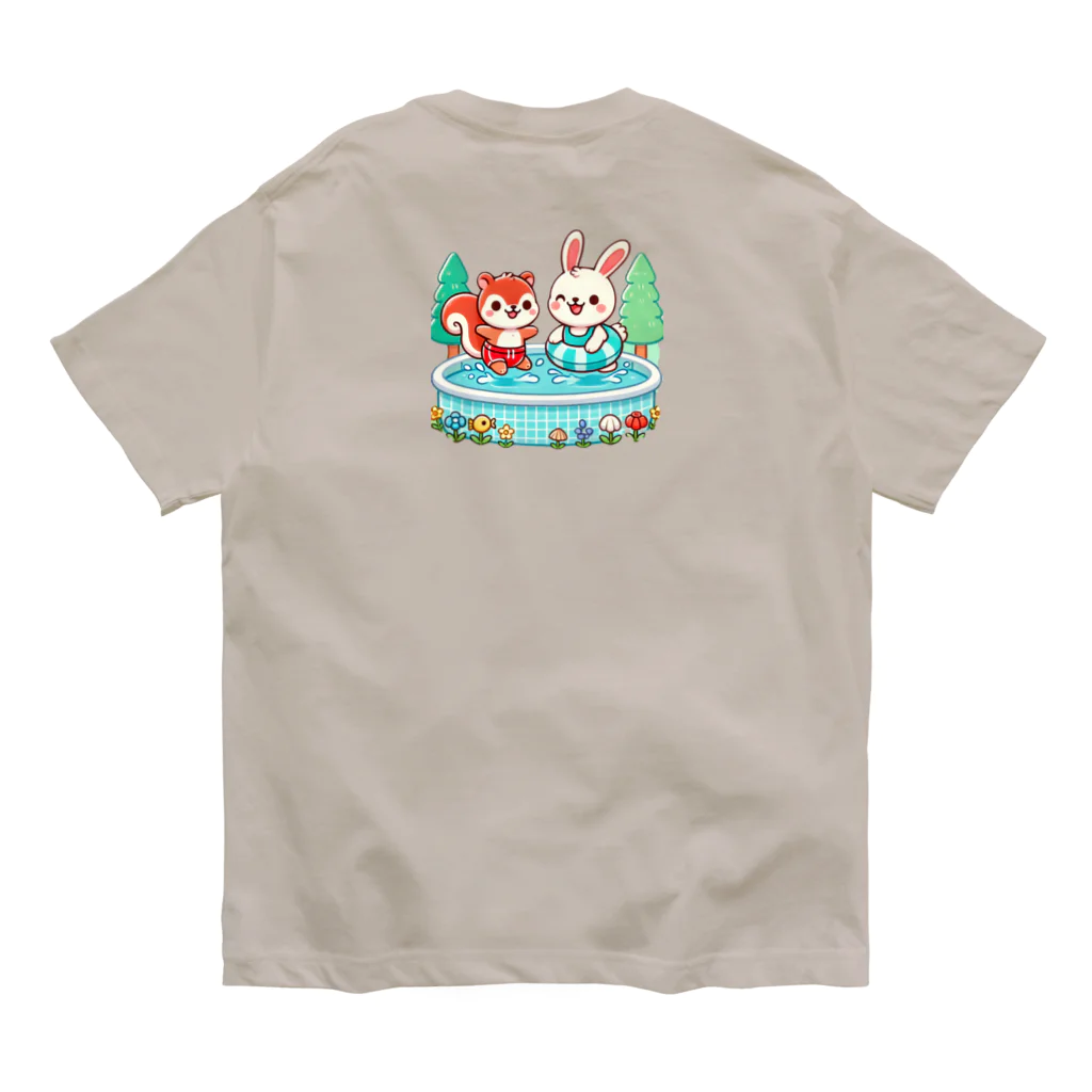 エレファント先生と虹色こどもたちのリスちゃんとウサギちゃんの水泳大好き Organic Cotton T-Shirt