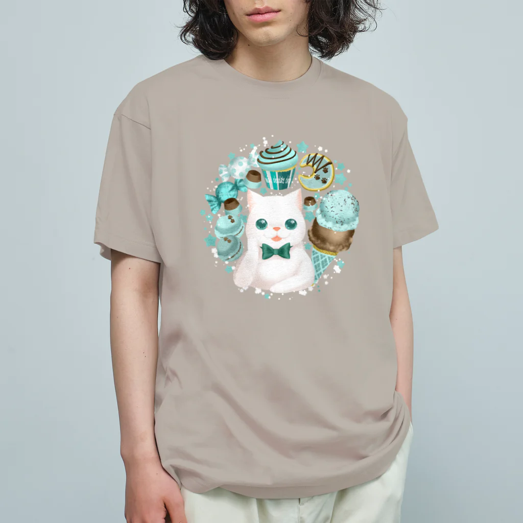 ネコのひたいのニャンコと美味しい時間シリーズ「ミント味！」 Organic Cotton T-Shirt