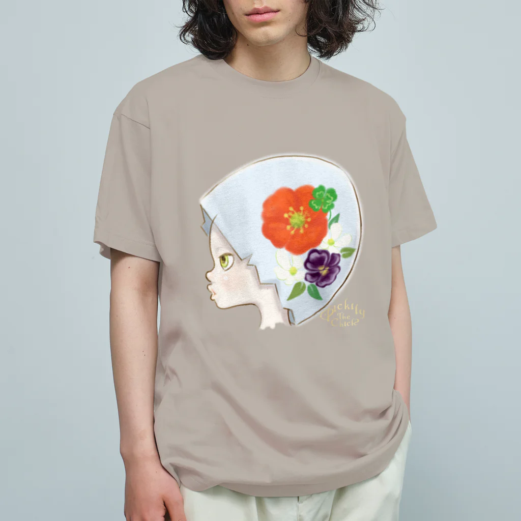 やまかわようこのPickity The Chick- ひよこのピキティー/よこ顔 ロゴ入り オーガニックコットンTシャツ