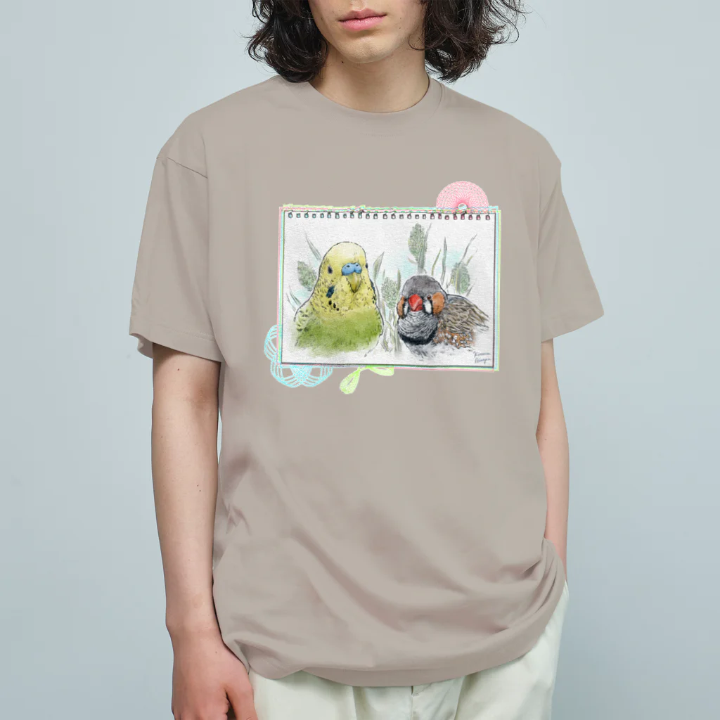 林山キネマのセキセイインコとキンカチョウ スケッチ オーガニックコットンTシャツ