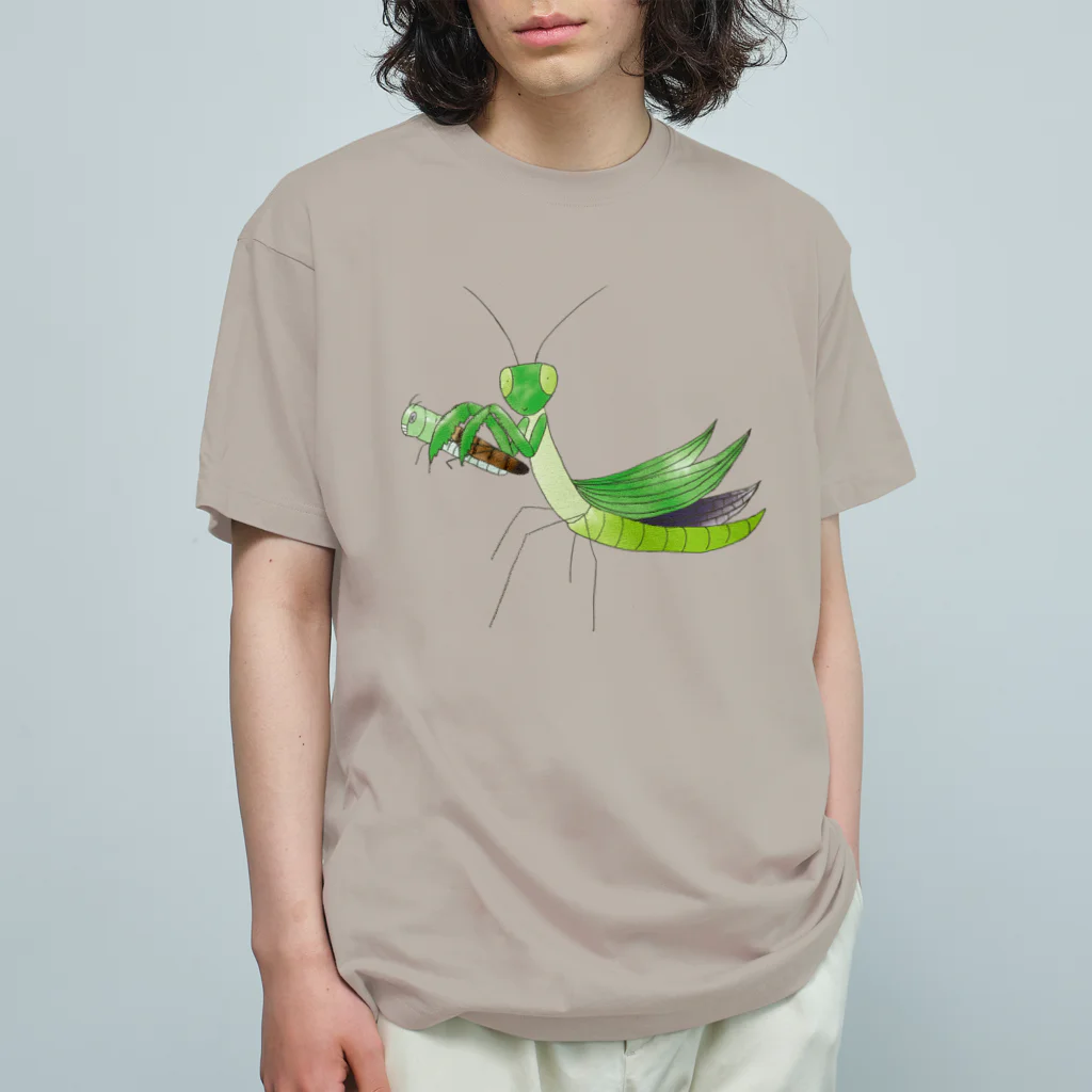 Drecome_Designのゆるいカマキリ オーガニックコットンTシャツ