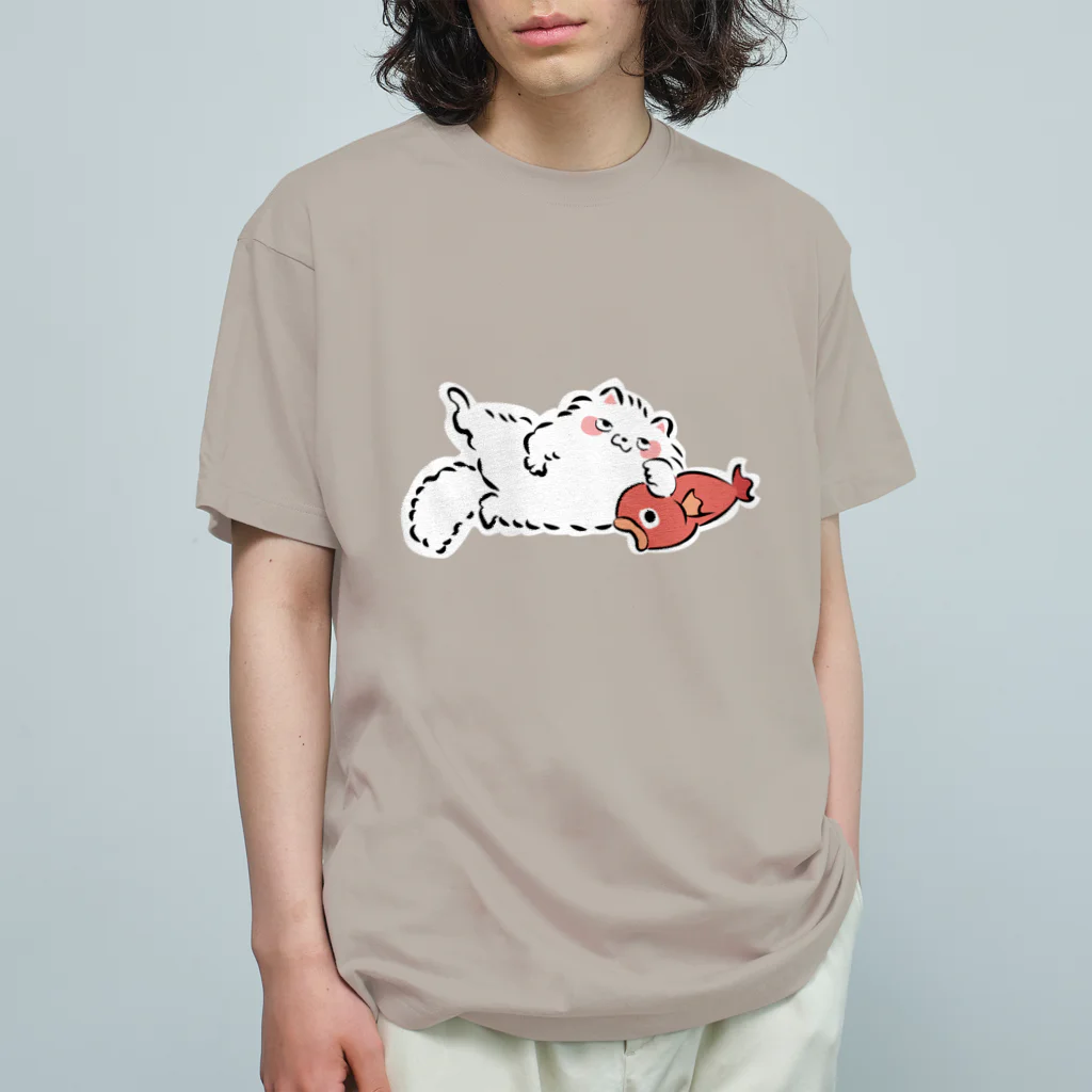 ふんわり本舗のしろねこ（with 魚） オーガニックコットンTシャツ