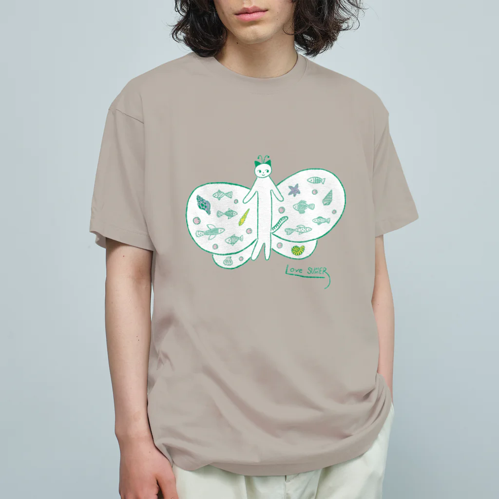 Futakawa Mayuのグッズショップのねこ　ちょうちょ　グリーン Organic Cotton T-Shirt