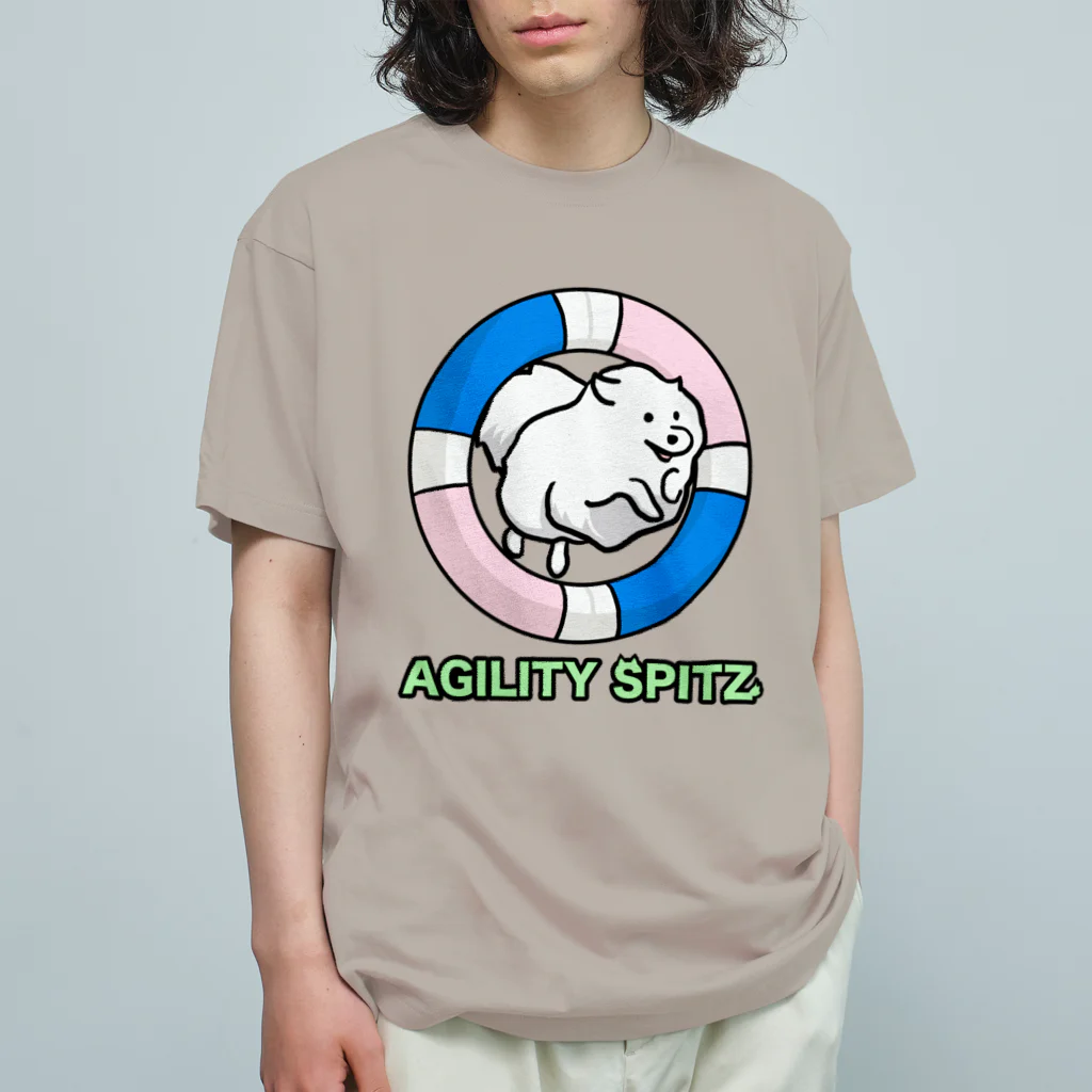 ehime@けだま&もち＆すみのAGILITY SPITZ「ぴょ〜んと飛ぶよ」 オーガニックコットンTシャツ