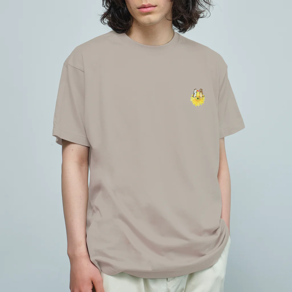 猫が好きすぎる絵描き　キジシマ ミキの姉妹猫さんたちガーベラに乗る Organic Cotton T-Shirt