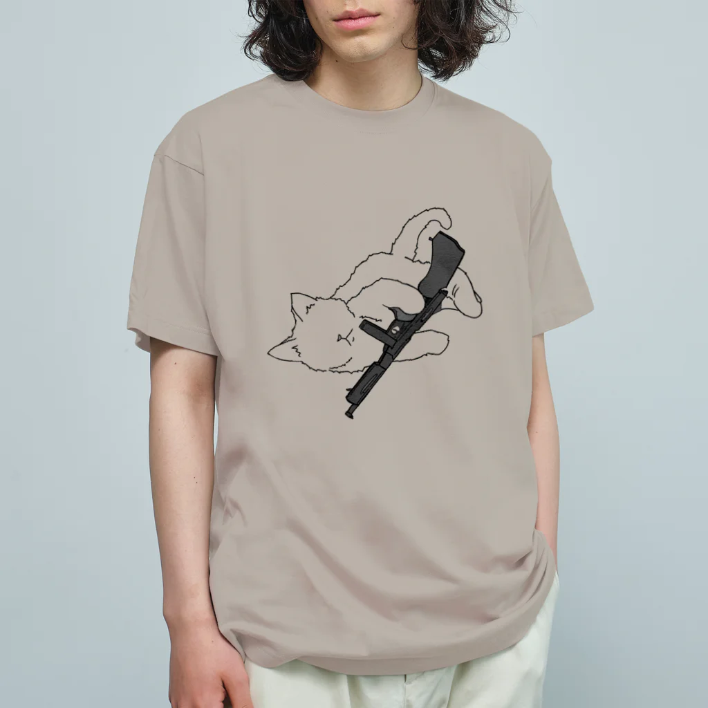 amemugi（あめむぎ）のネコと機関銃。 オーガニックコットンTシャツ