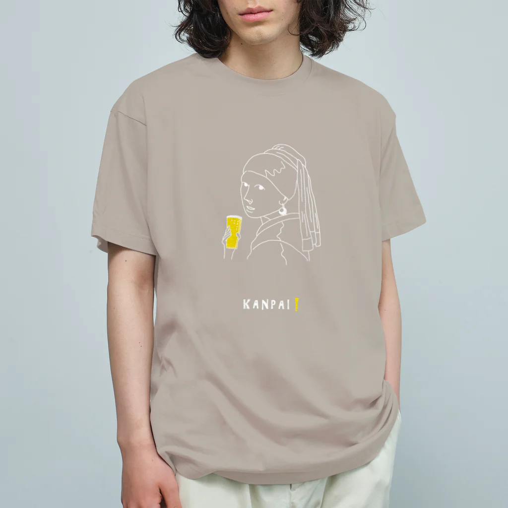 ビールとアート TM-3 Designの名画 × BEER（真珠の耳飾りの少女）白線画 유기농 코튼 티셔츠