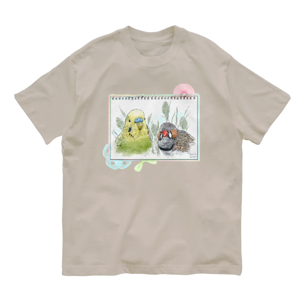 林山キネマのセキセイインコとキンカチョウ スケッチ オーガニックコットンTシャツ