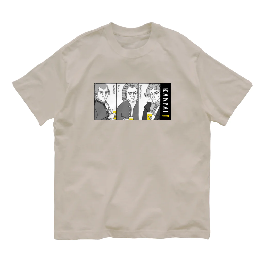 ビールとアート TM-3 Designの偉人 × BEER（三人の音楽家）黒線画・枠付 Organic Cotton T-Shirt