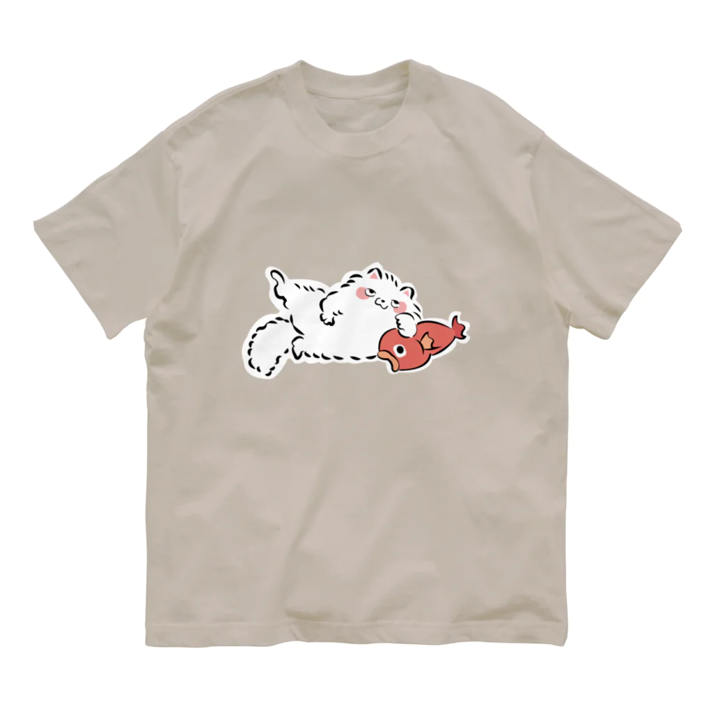 ふんわり本舗のしろねこ（with 魚） オーガニックコットンTシャツ