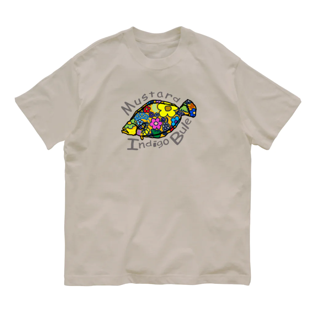 Mustard_Indigo_Blueのヒラメ×花柄 Organic Cotton T-Shirt
