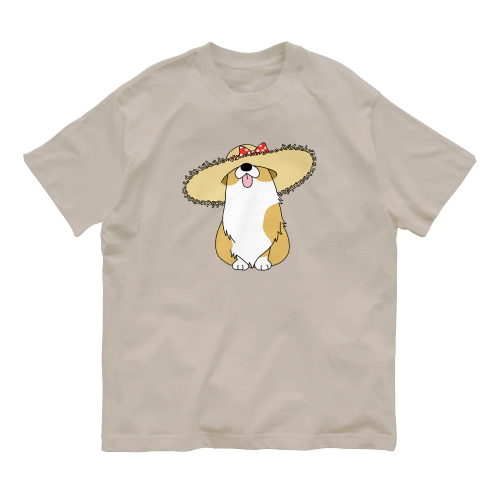 5corgisの麦わらコーギー オーガニックコットンTシャツ