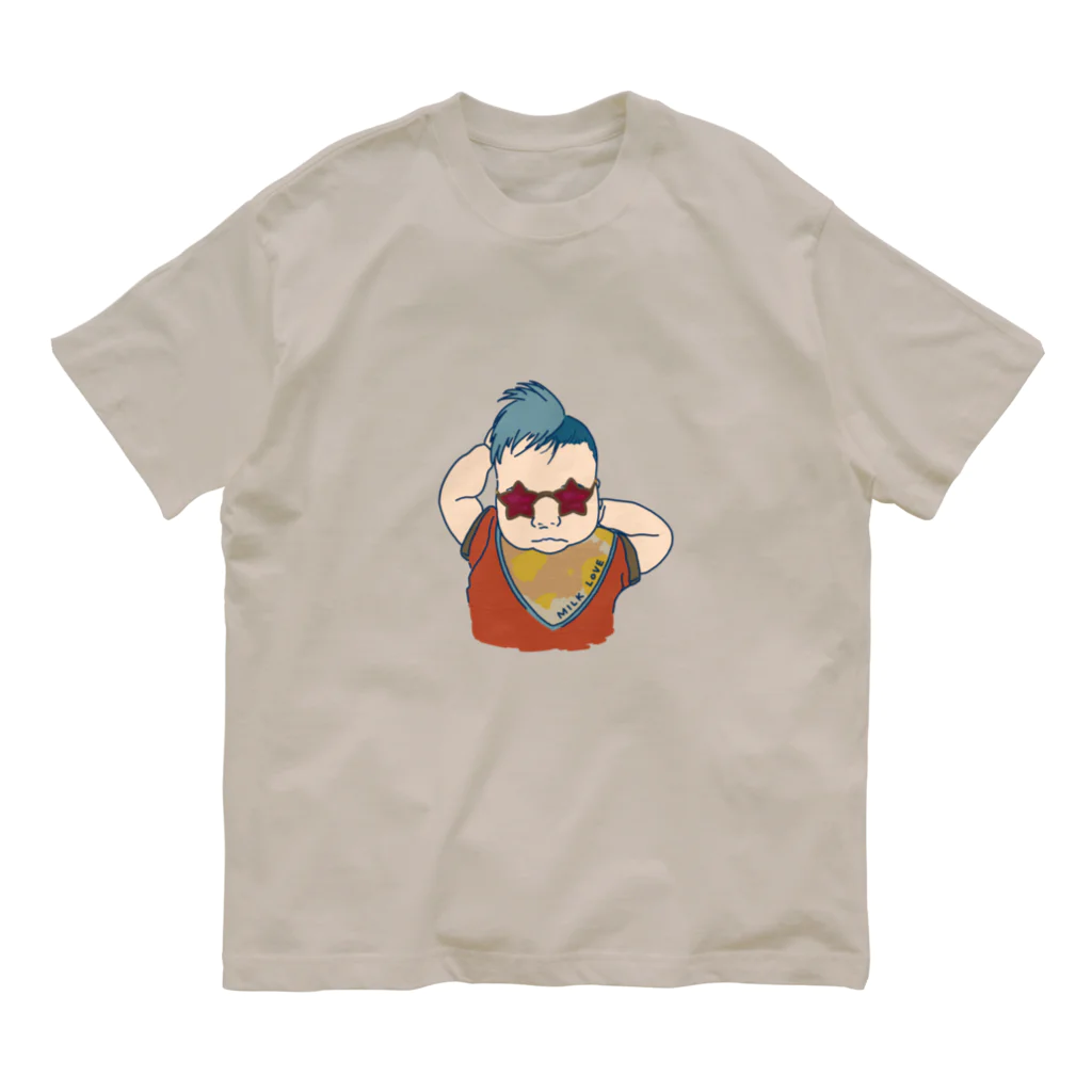 nerinelinen(ねりねりねん)のレトロカラーなチャラいmilk loveベビー オーガニックコットンTシャツ