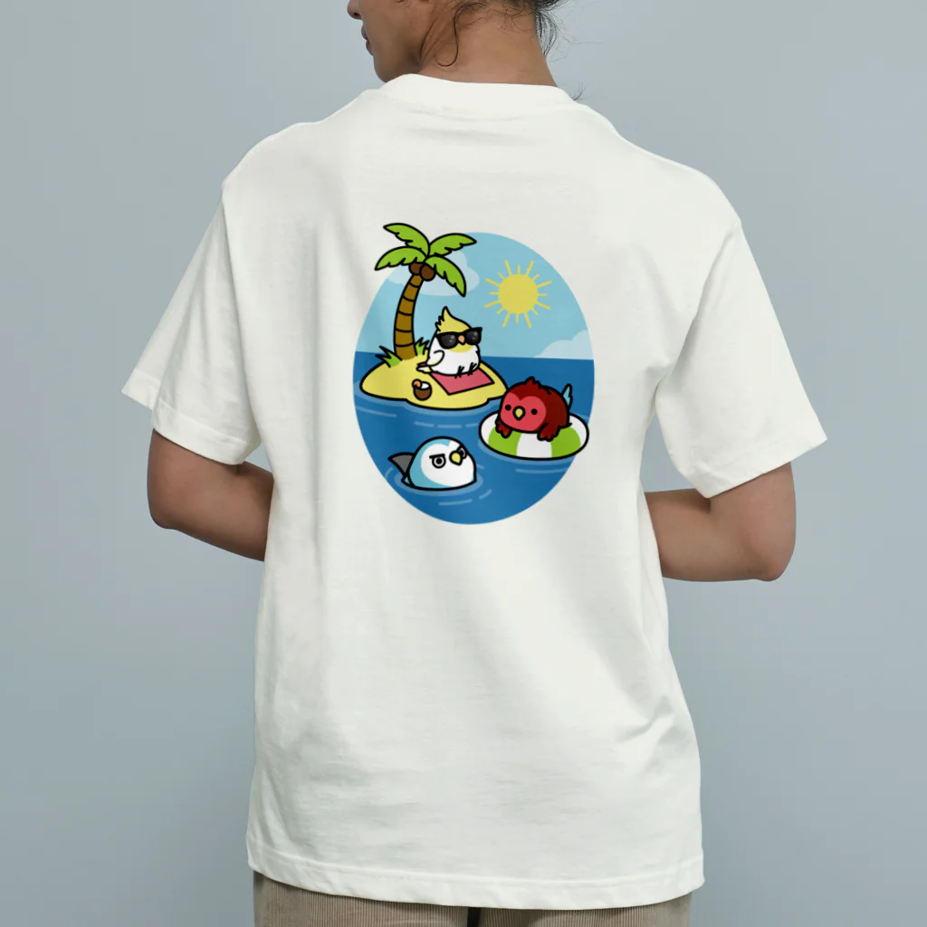 Cody the Lovebirdの（両面）オカメインコと海のお友達 & 南の島で夏休み Chubby Bird オーガニックコットンTシャツ