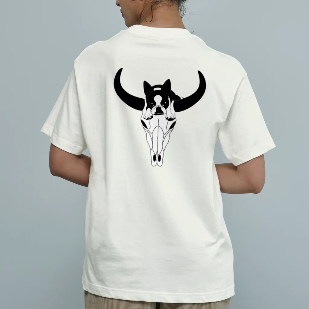 コチ(ボストンテリア)のバックプリント:ボストンテリア(牛の頭蓋骨)[v2.8k] オーガニックコットンTシャツ