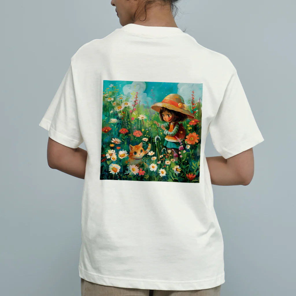 AQUAMETAVERSEのお花畑に囲まれる猫ちゃんと私 アメジスト 2846 Organic Cotton T-Shirt