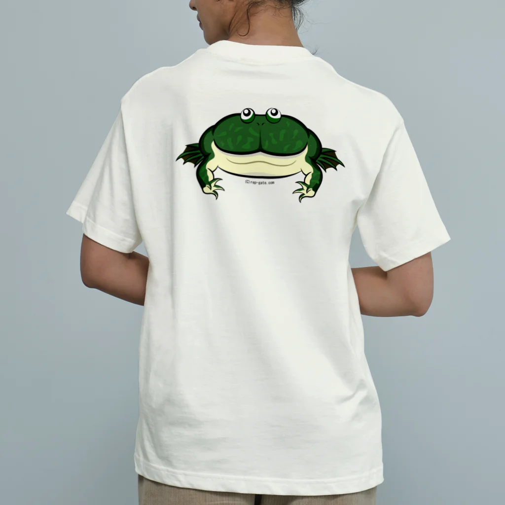 もむのふの爬虫類グッズやさんのバジェットガエルバックプリント オーガニックコットンTシャツ