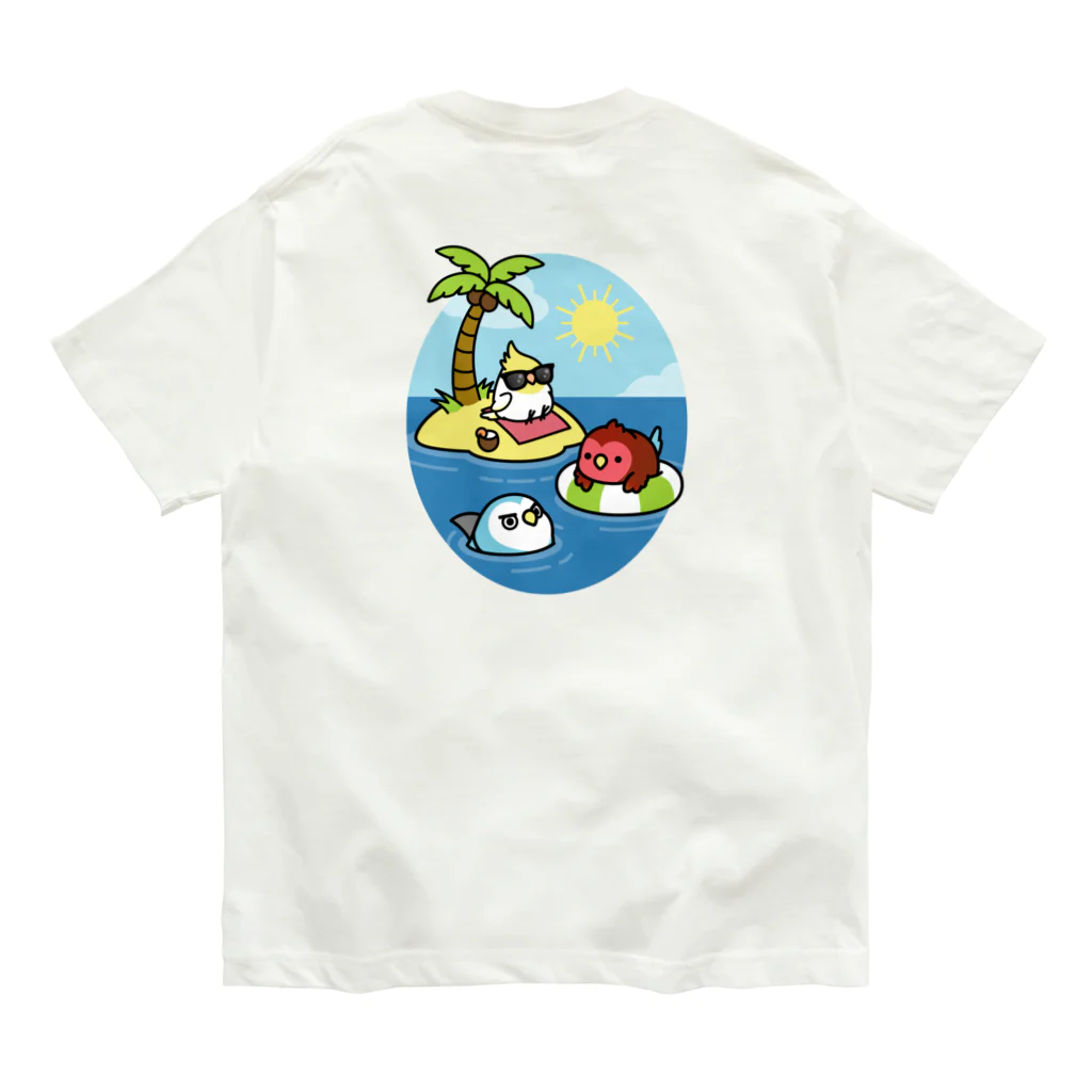 Cody the Lovebirdの（両面）オカメインコと海のお友達 & 南の島で夏休み Chubby Bird オーガニックコットンTシャツ