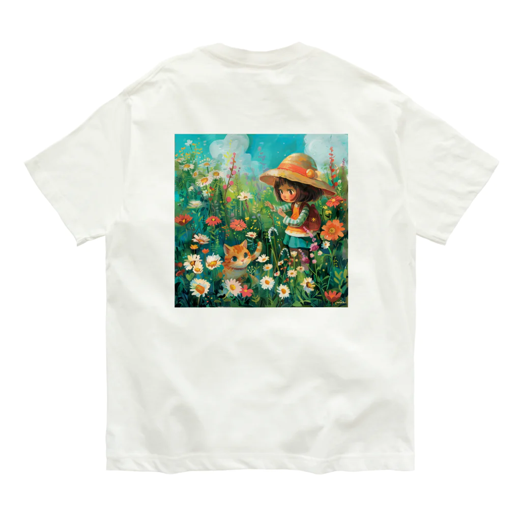 AQUAMETAVERSEのお花畑に囲まれる猫ちゃんと私 アメジスト 2846 Organic Cotton T-Shirt