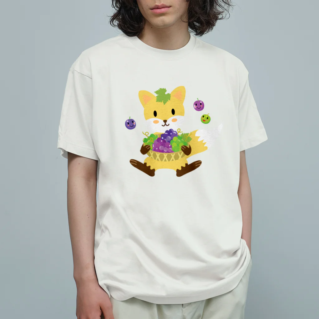 ばんぶーむーんのお店😺のかわいいキツネとブドウ オーガニックコットンTシャツ