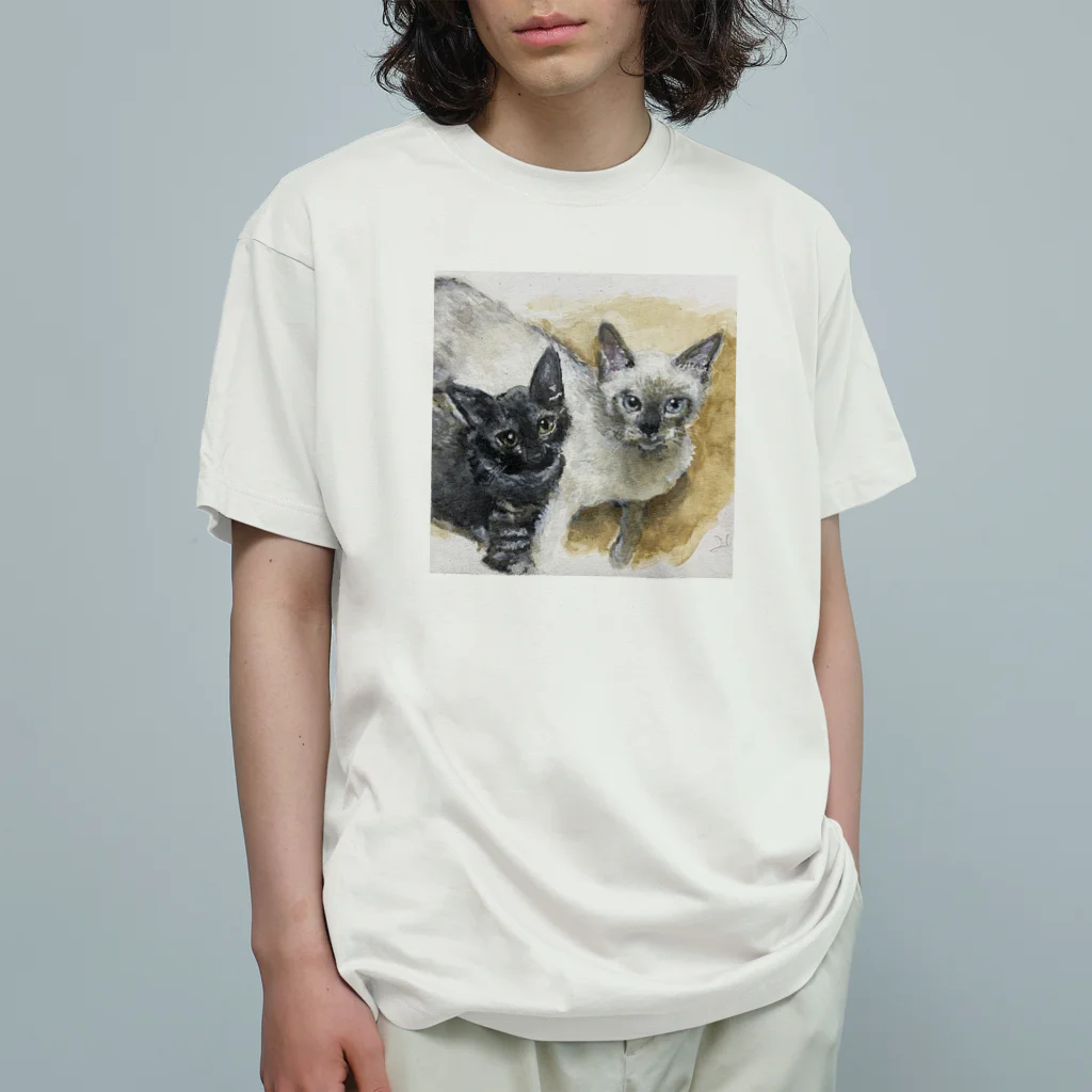 お絵描き家族の絵本屋さんのぼくらは猫兄弟　キリ　と　カゲ オーガニックコットンTシャツ